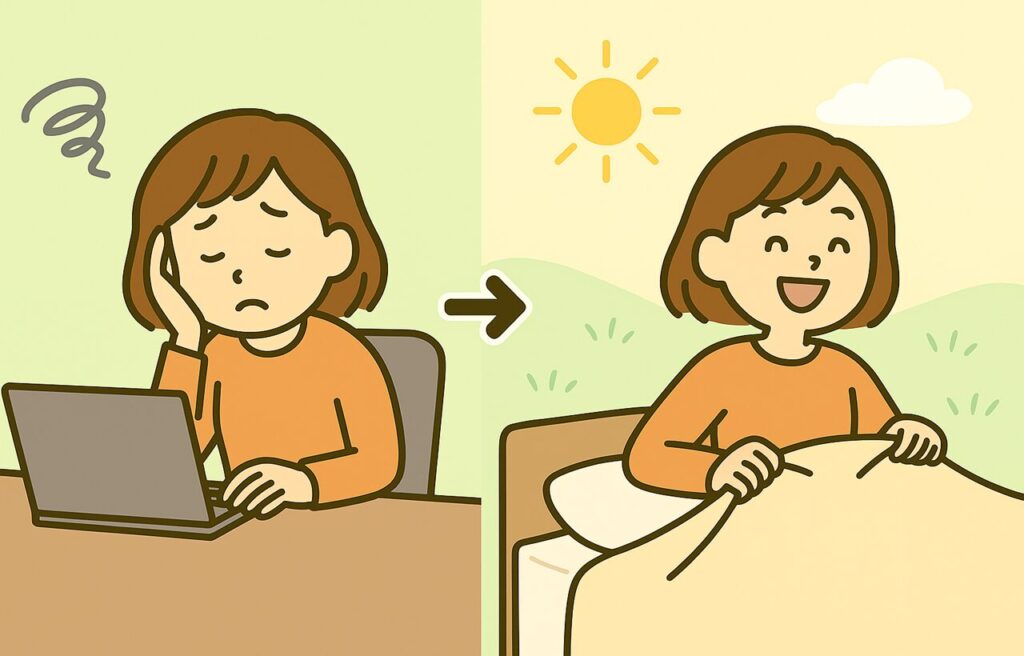 デスクワークで疲れた表情のすずちゃん（Before）と、姿勢が整いスッキリ笑顔で目覚めるすずちゃん（After）を並べたイラスト。背景は明るい朝の光が差し込む室内で、前向きな未来を表現。
